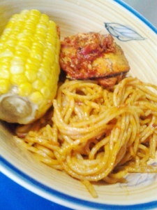 Spicy Shrimp Spaghetti with Baked Salmon and Corn